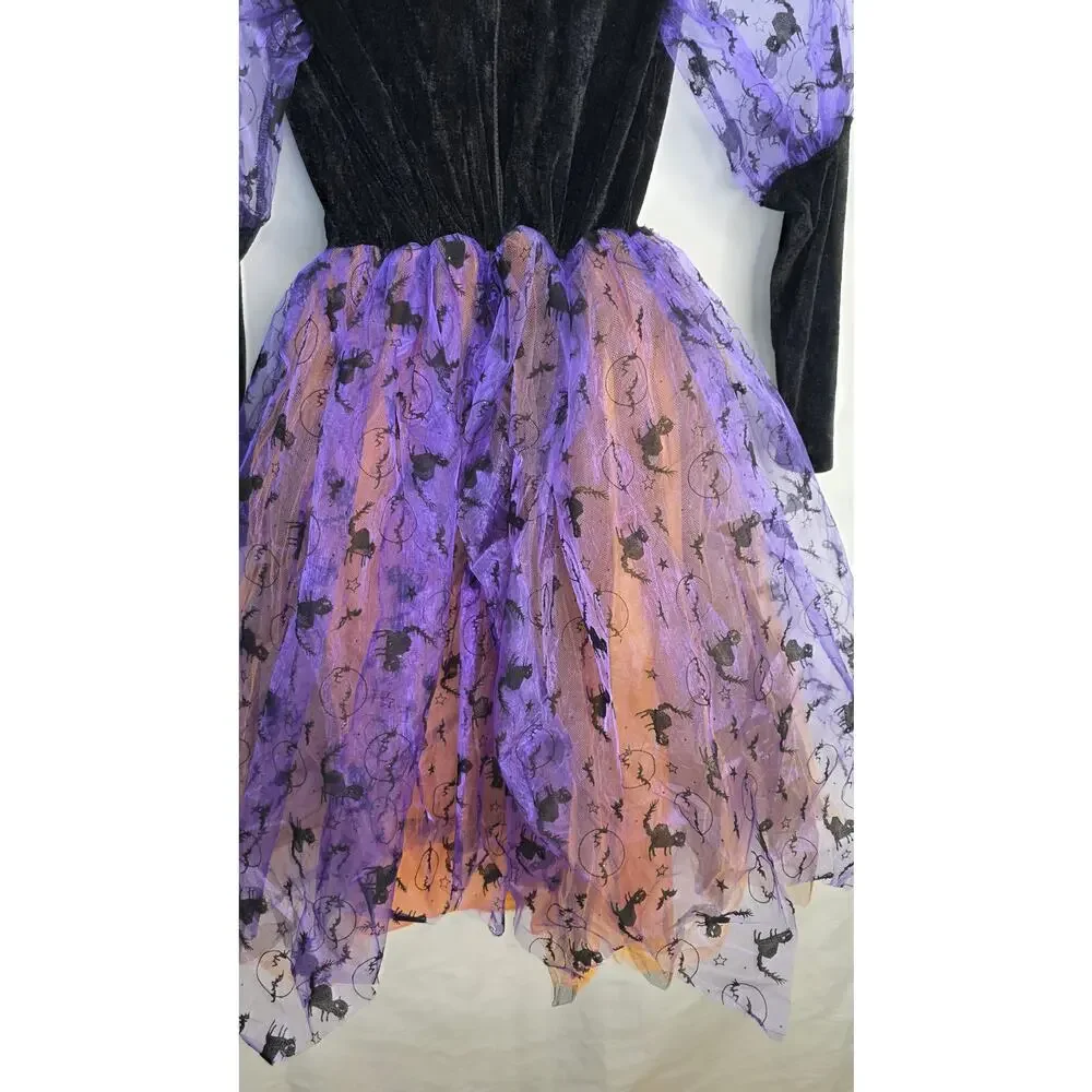 Light Up Witch Costume With Head Band Hat Girls L Purple Orange Halloween Dress